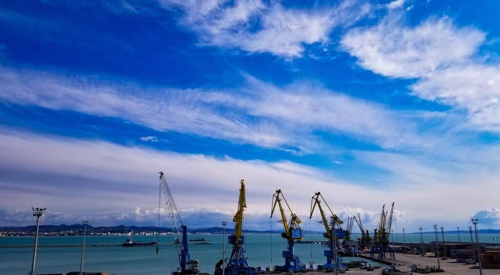 albania, harbour, ships, cranes, nature, sea, sky, clouds, mountains, durres