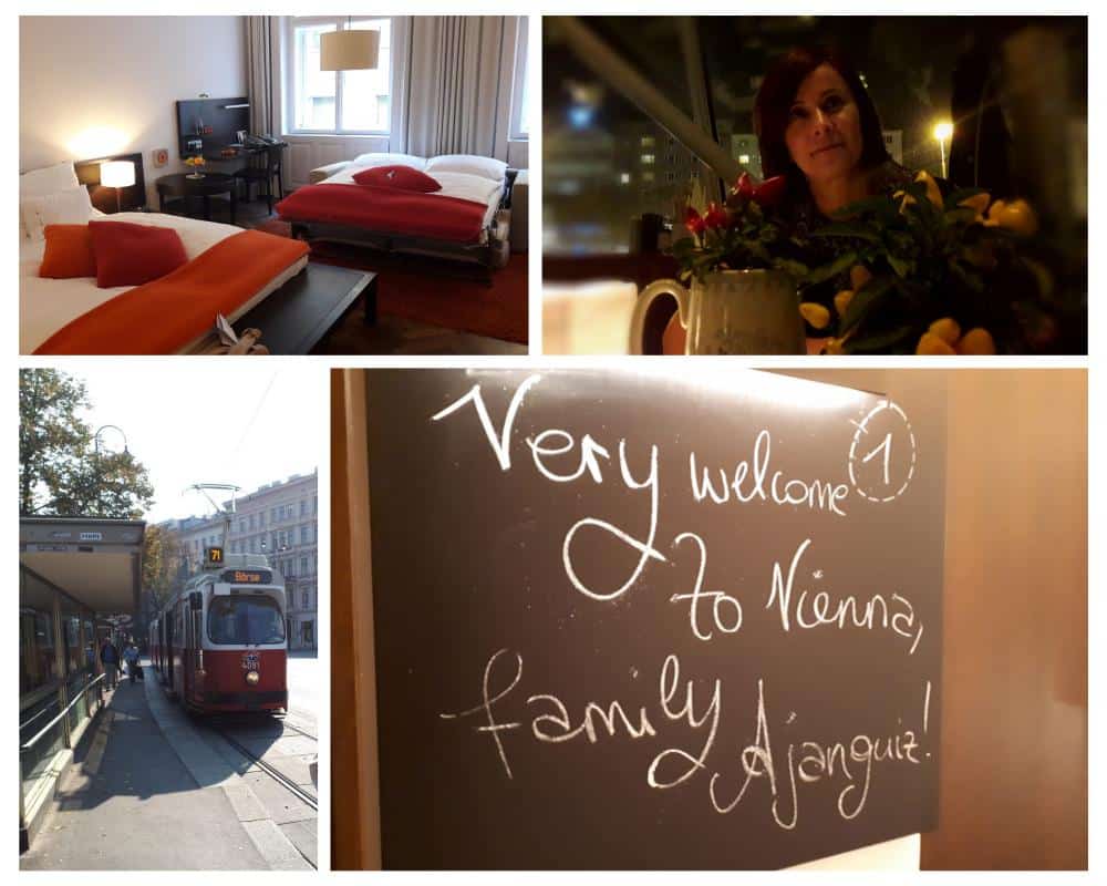 collage: Habitación de Hotel Hollman, y pizarra de Bienvenida !! Tranvías preciosos en Viena y una cena de lujo
