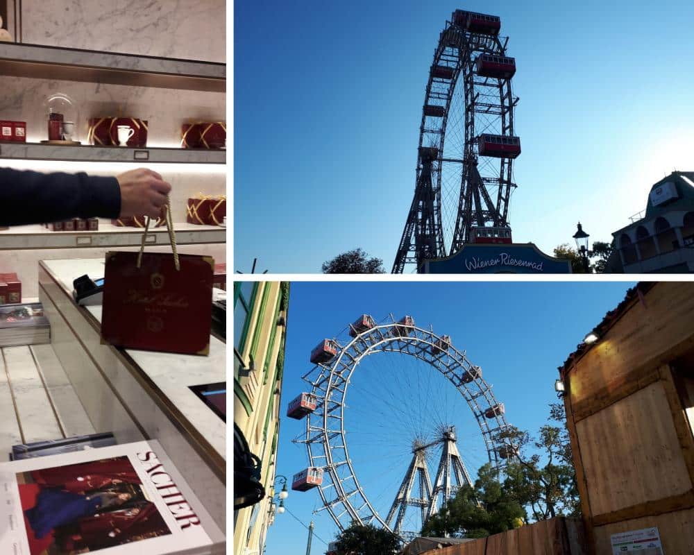 Comprando raciones de la tarta Sacher (una entera te dejas medio sueldo) y un par de imágenes de la Noria del Prater