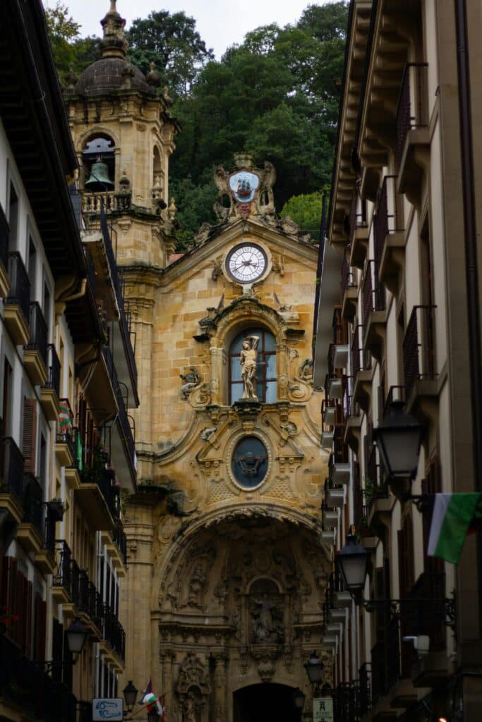 Stunning view of a Baroque church facade in San Sebastian, Spain.